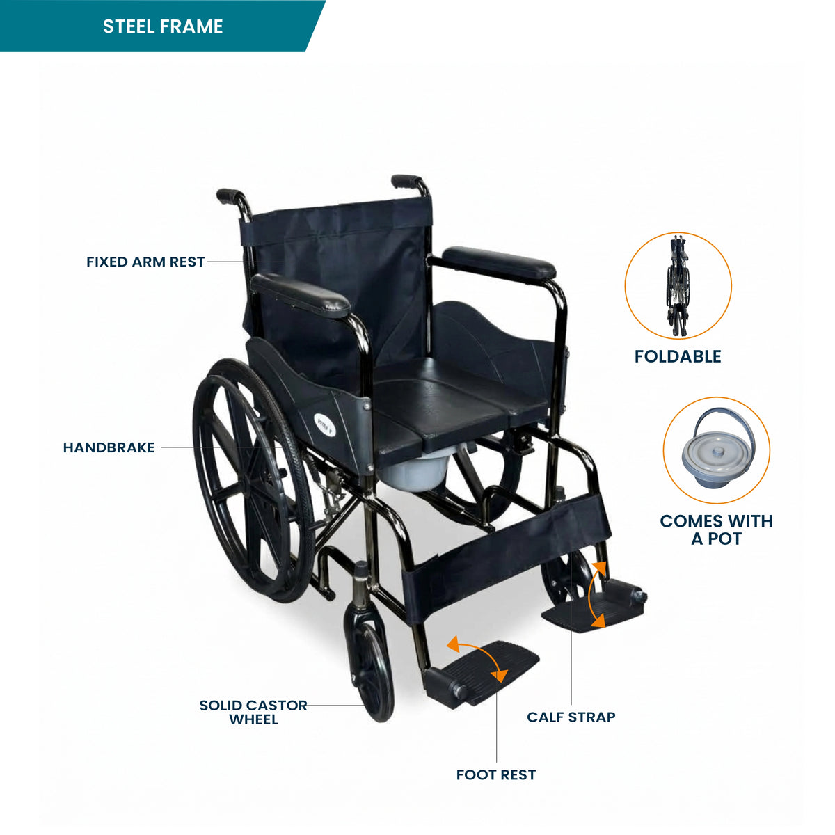 Foldable Commode Wheelchair with Safety Brakes Arrex Morso Pro