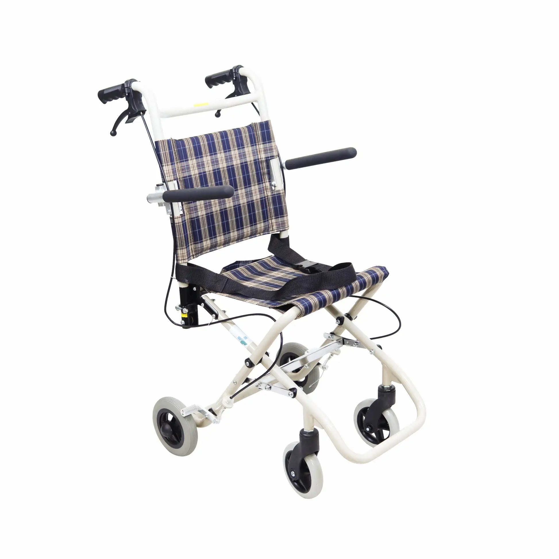 Foldable wheelchair with plaid seat cover on a white background