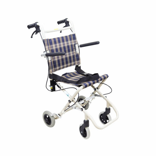Foldable wheelchair with plaid seat cover on a white background