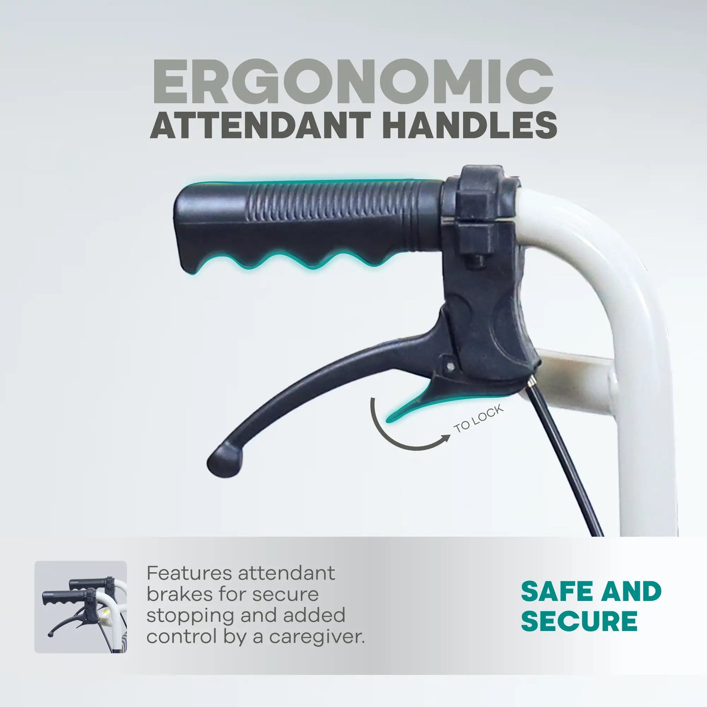 Ergonomic attendant handle with text on a gray background