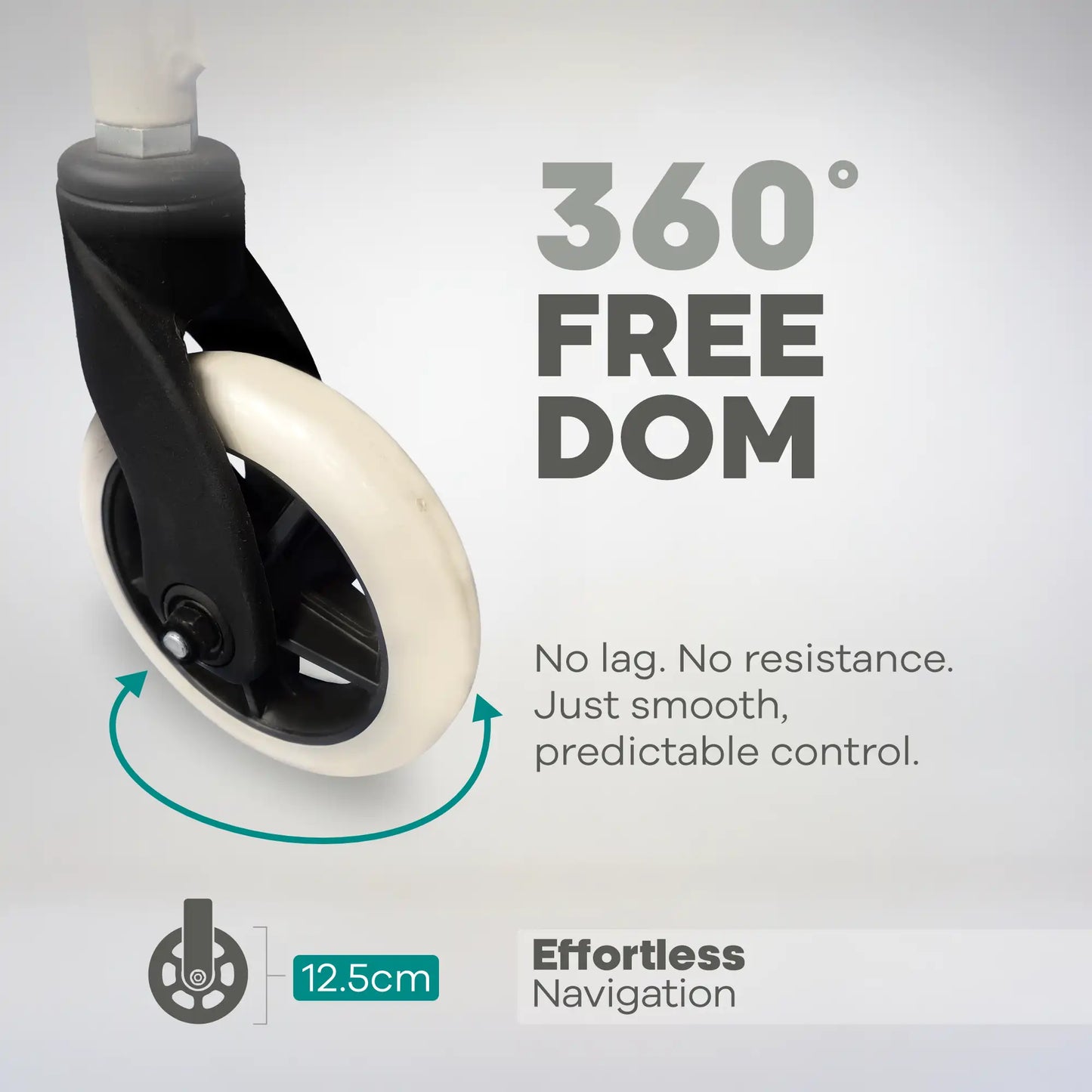 Wheel with '360 Freedom' text and features on a gray background