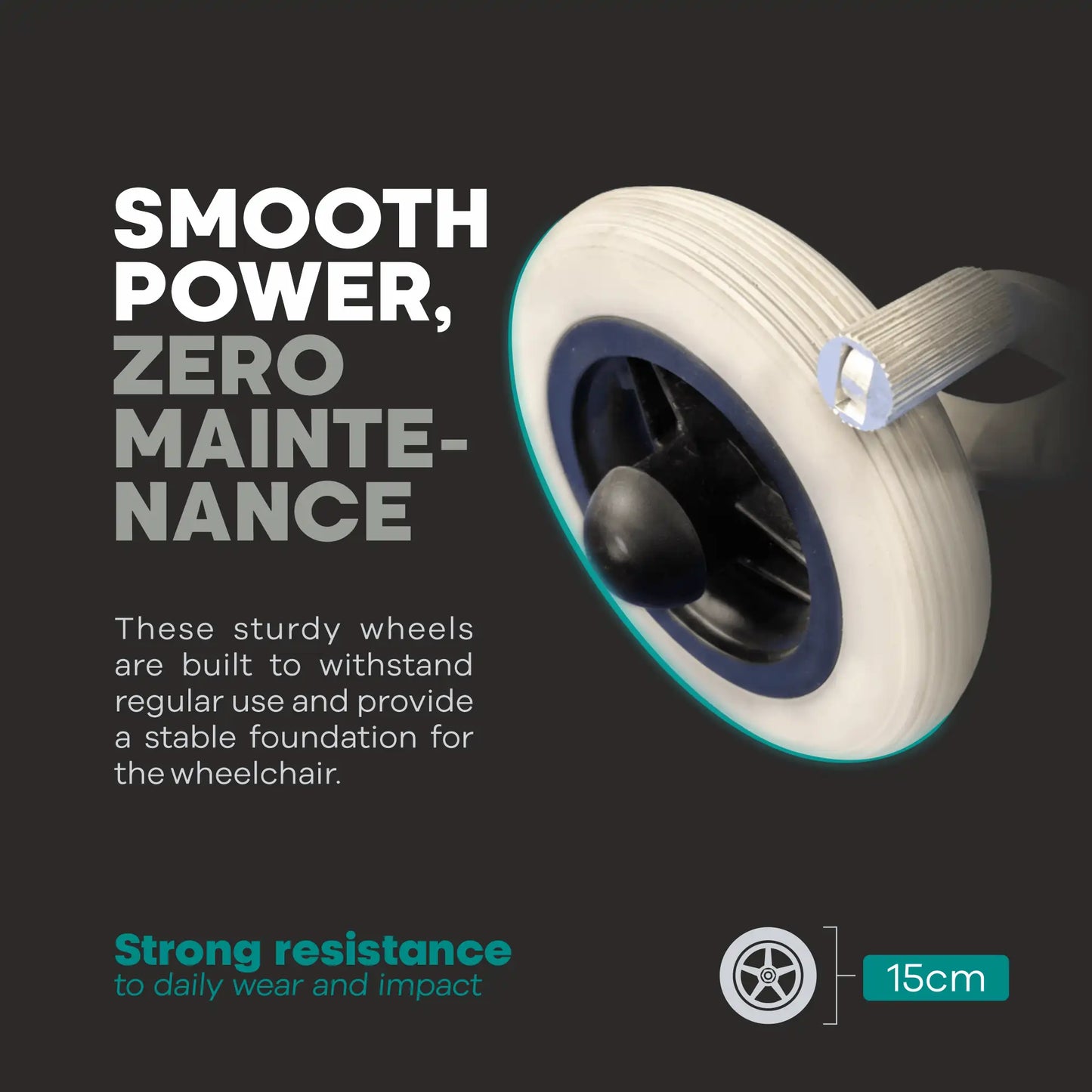 Wheelchair wheel with text on a dark background