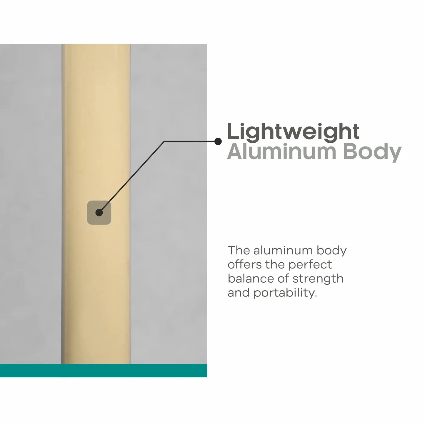 Lightweight aluminum body feature with text on a white background