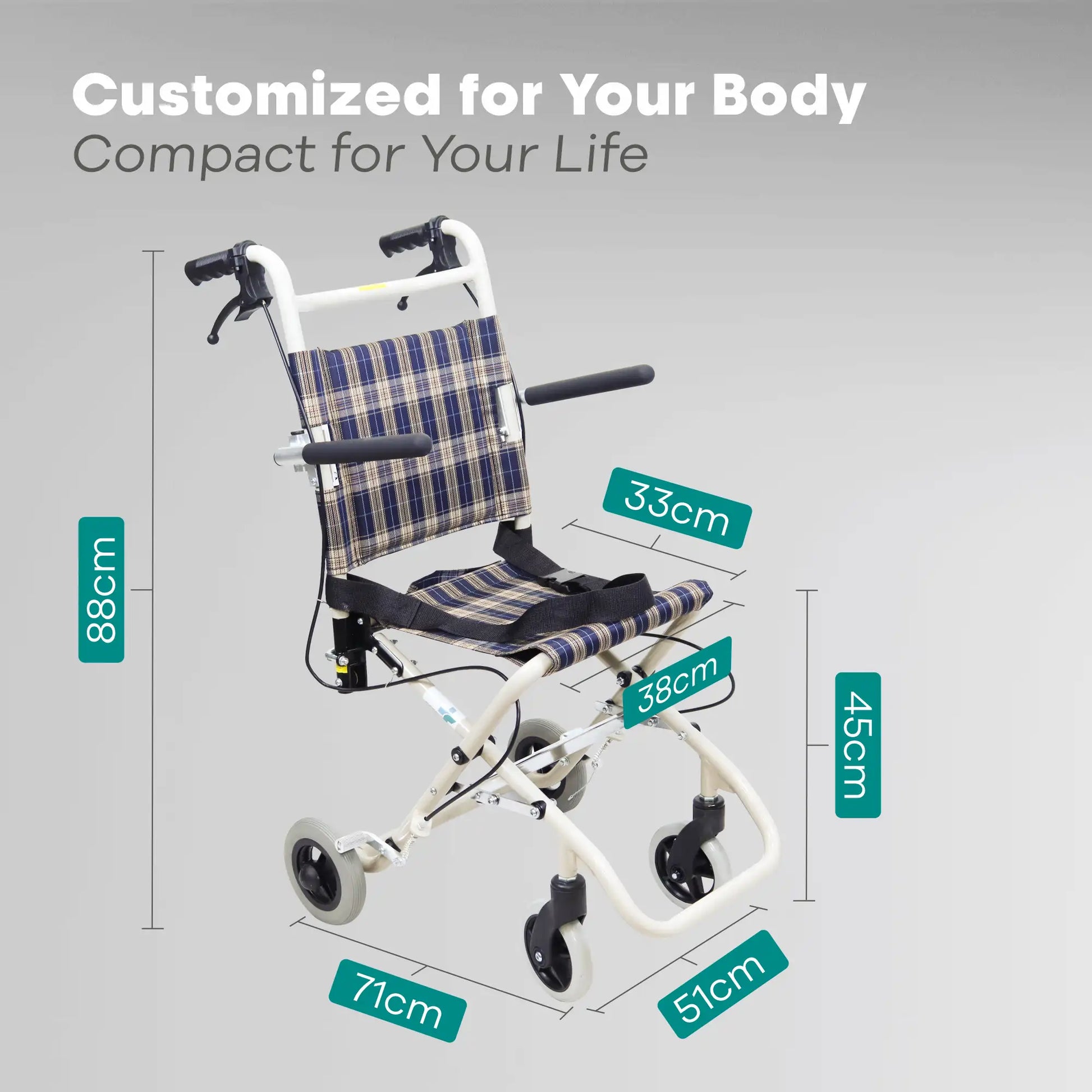 Compact wheelchair with dimensions labeled on a gray background