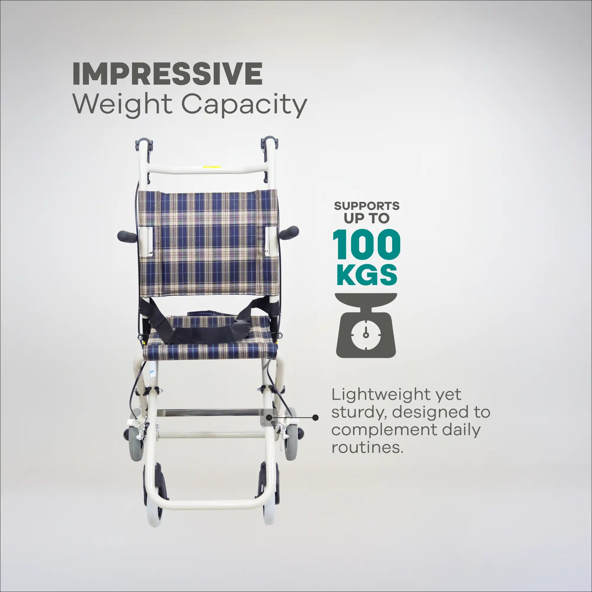 Collapsible chair with plaid pattern on a white background, featuring text about weight capacity.