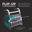 Wheelchair with plaid seat cover and flip-up armrests on a dark background