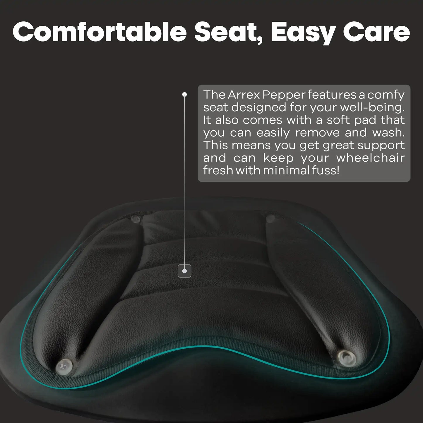 Black wheelchair seat with text about comfort and ease of care