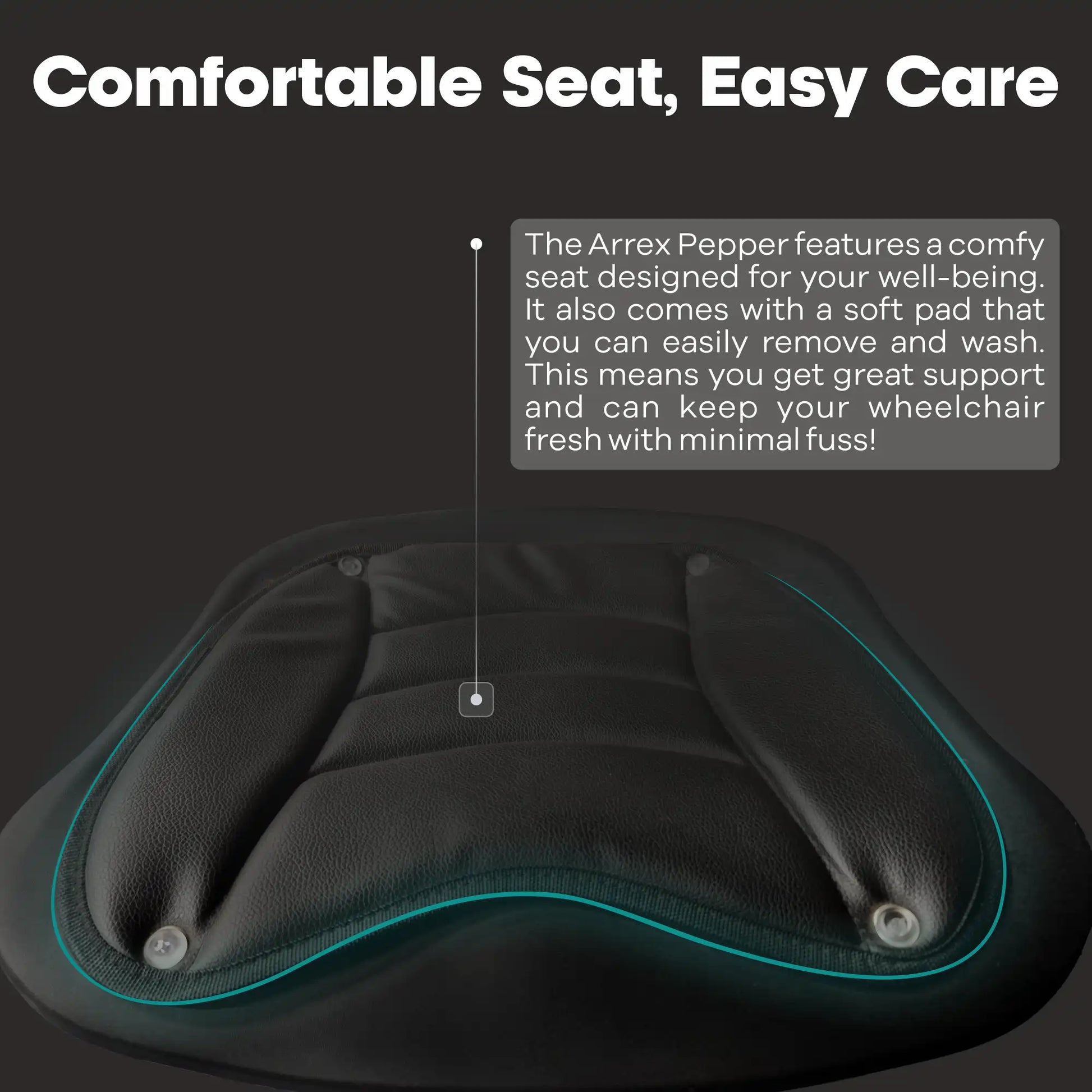 Black wheelchair seat with text about comfort and ease of care