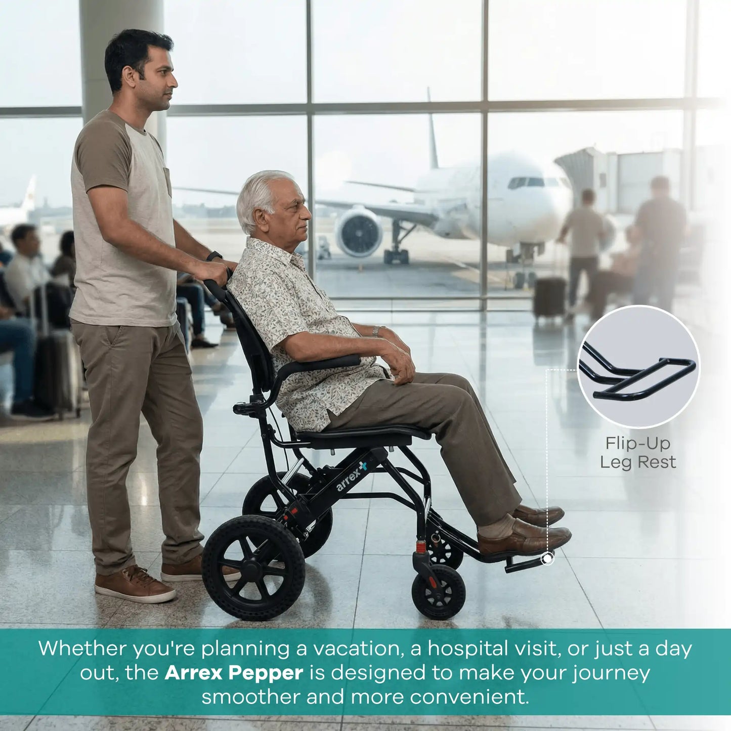 Man pushing an elderly man in a wheelchair with a flip-up leg rest feature, set against an airport background.
