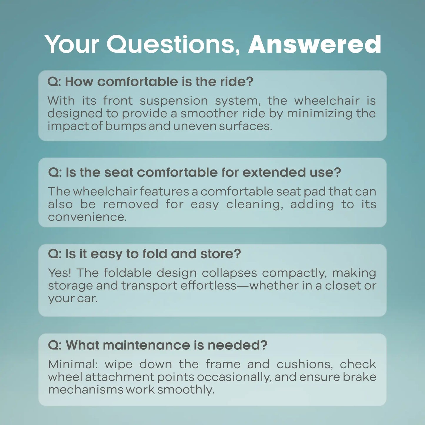 Answered questions about a wheelchair on a teal background