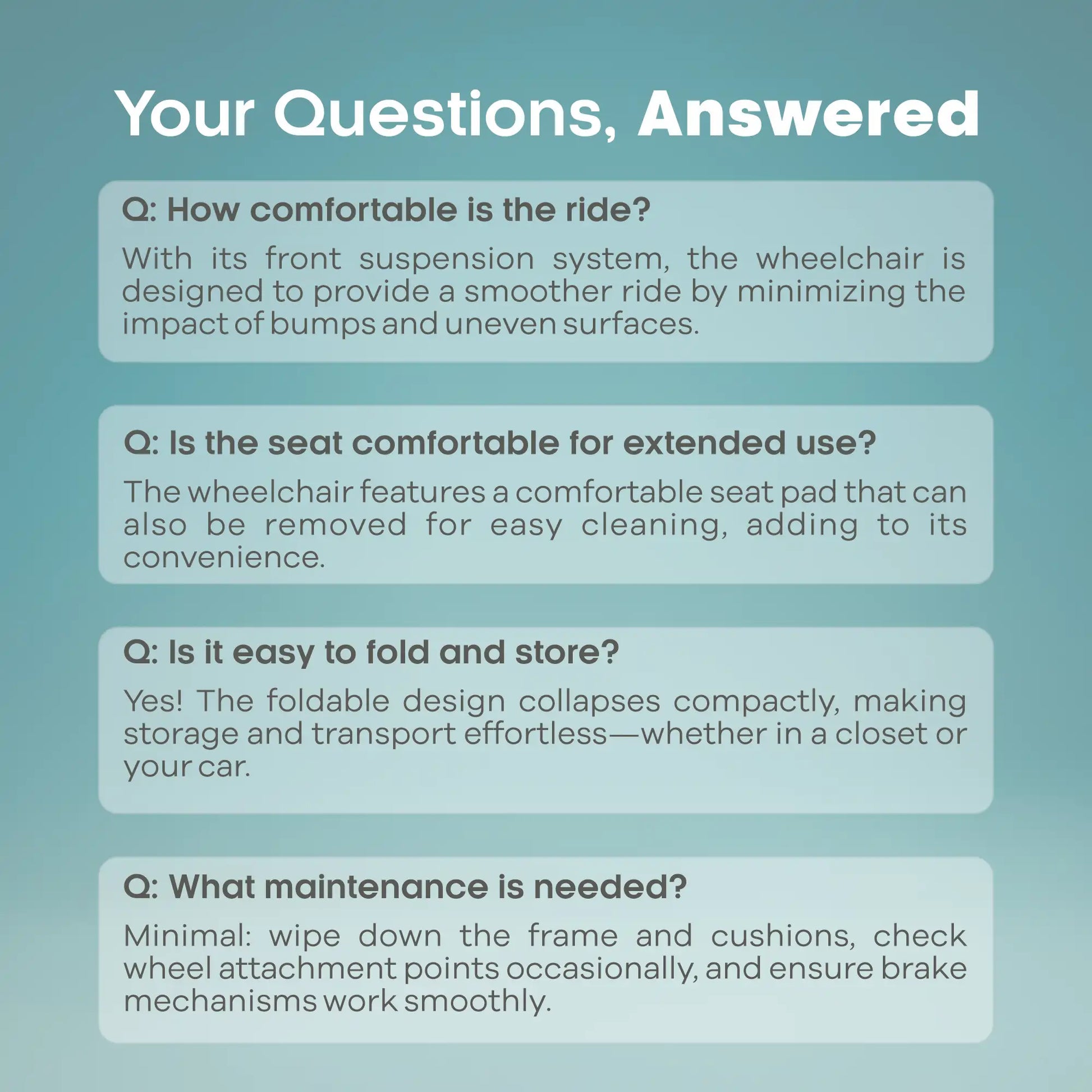 Answered questions about a wheelchair on a teal background