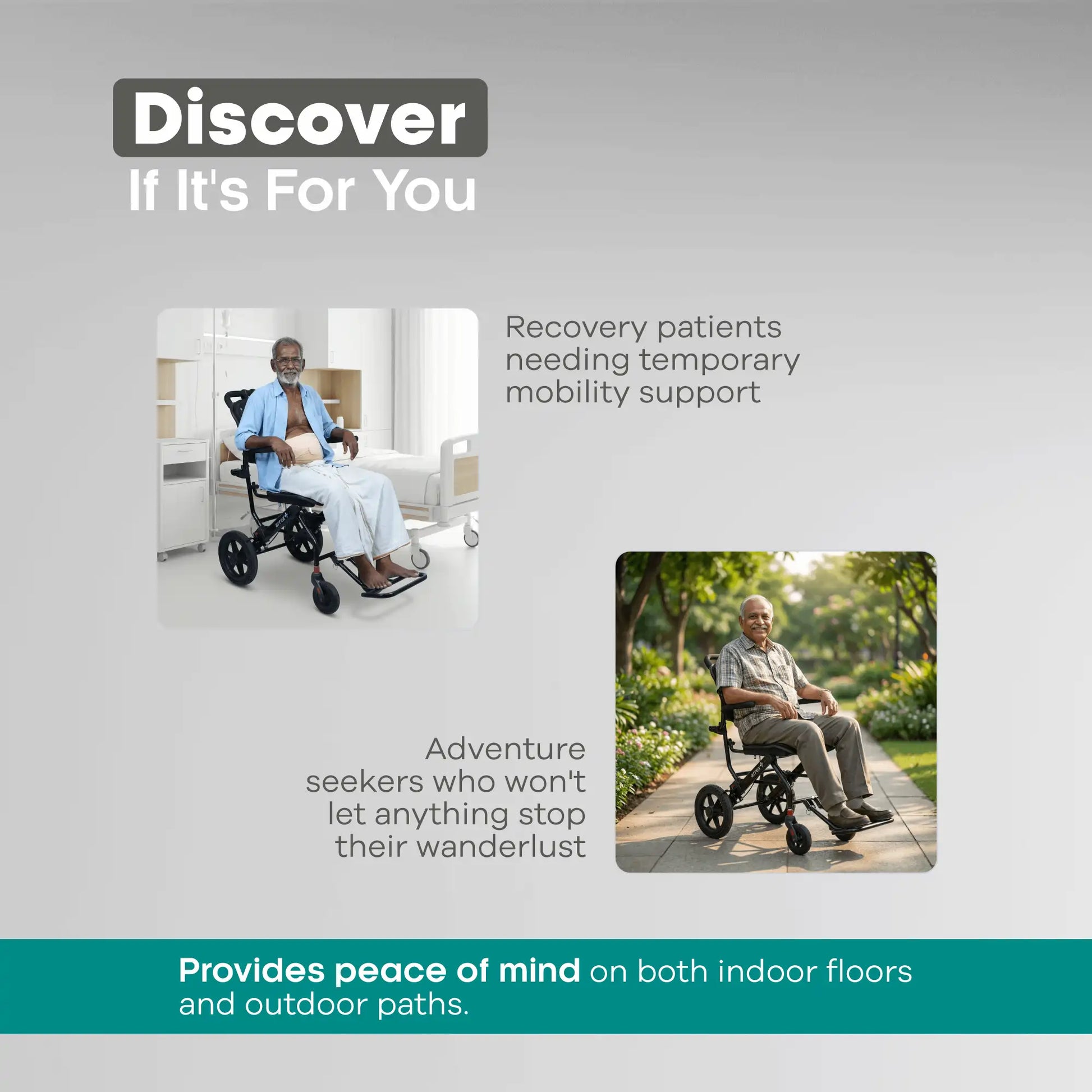 Advertisement for a mobility device with text about recovery patients and adventure seekers.