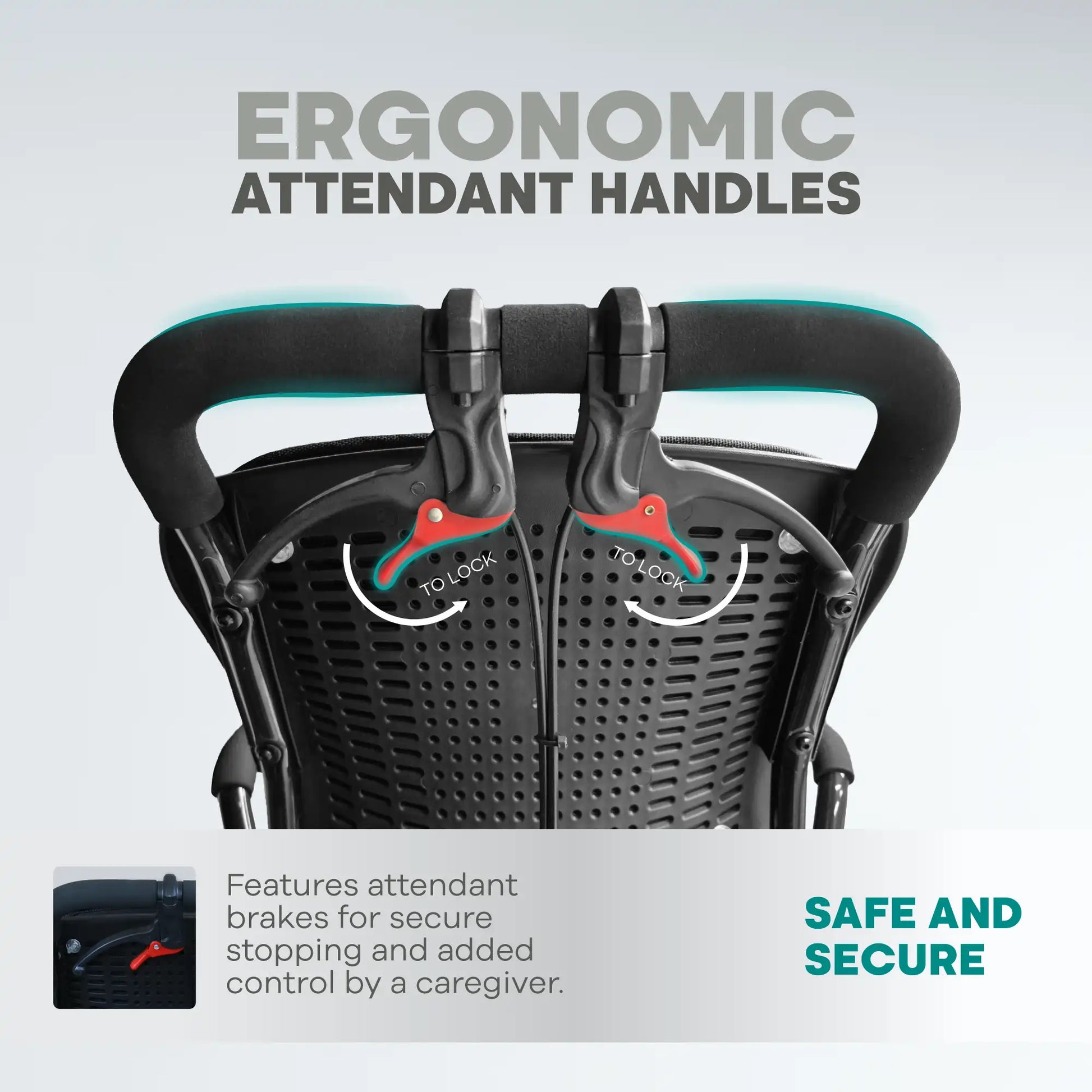 Ergonomic attendant handles on a stroller with safety features highlighted.