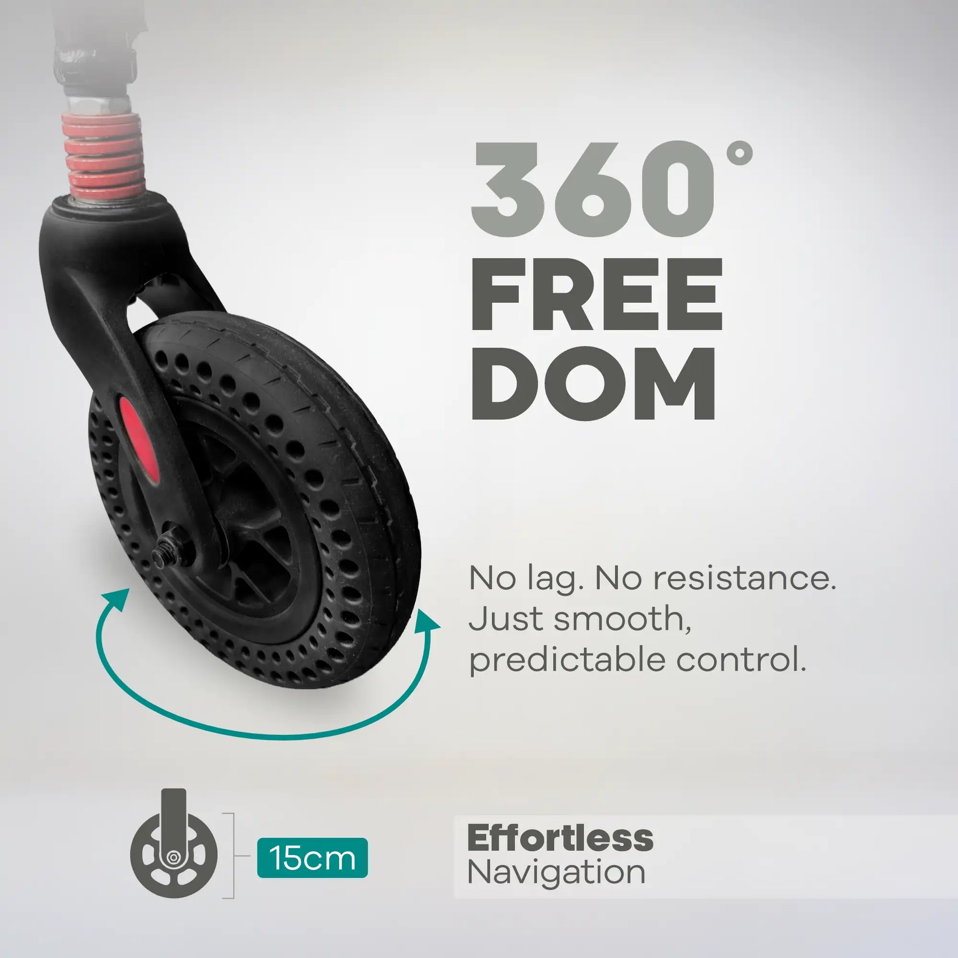 Wheel with '360 Freedom' text and features on a gray background