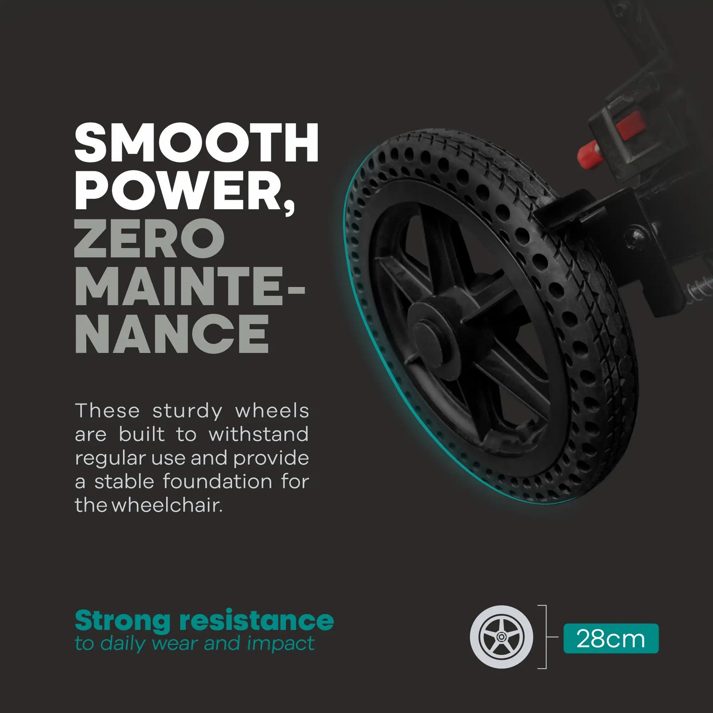 Wheelchair wheel with text highlighting smooth power and zero maintenance on a dark background