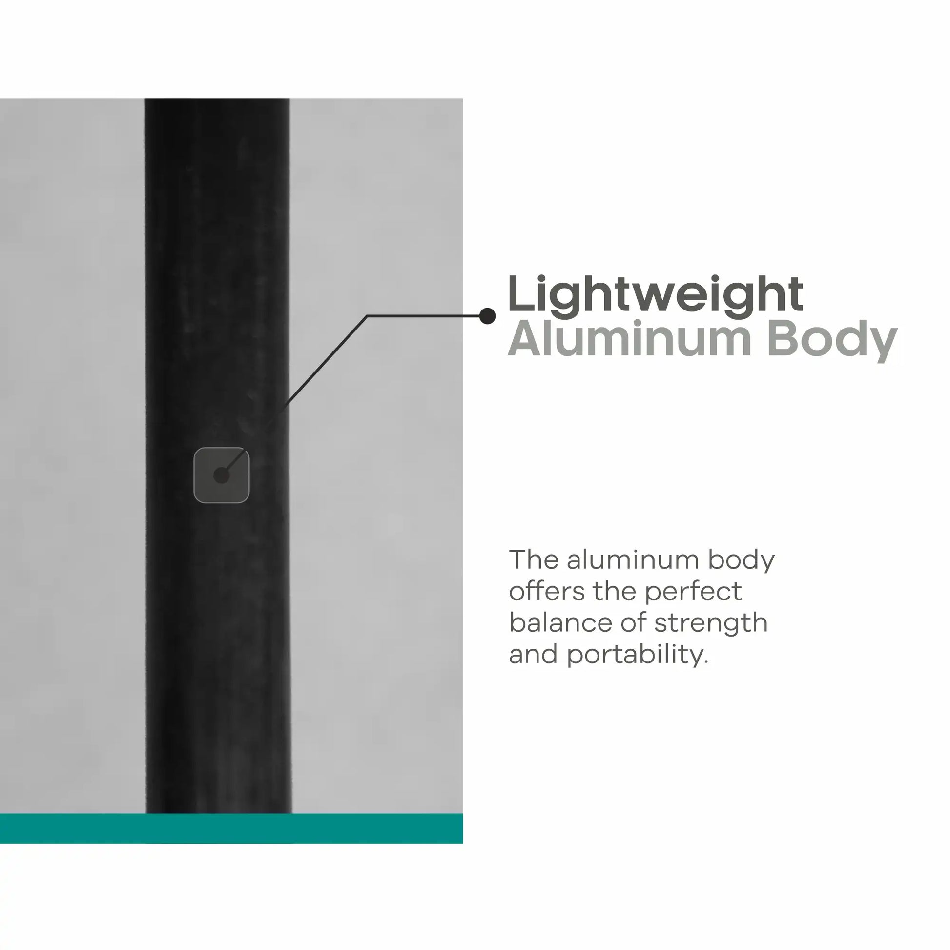 Lightweight aluminum body feature with text on a gray background