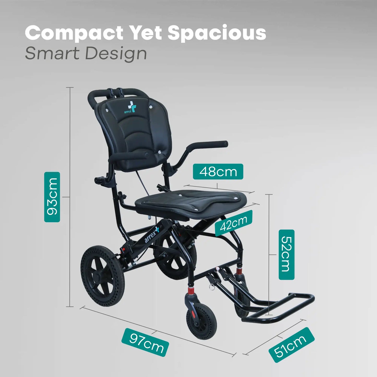 Child's wheelchair with dimensions labeled on a gray background