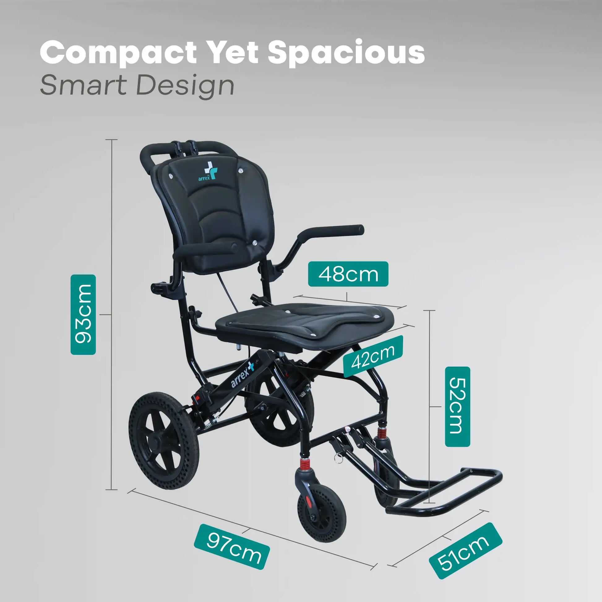 Child's wheelchair with dimensions labeled on a gray background