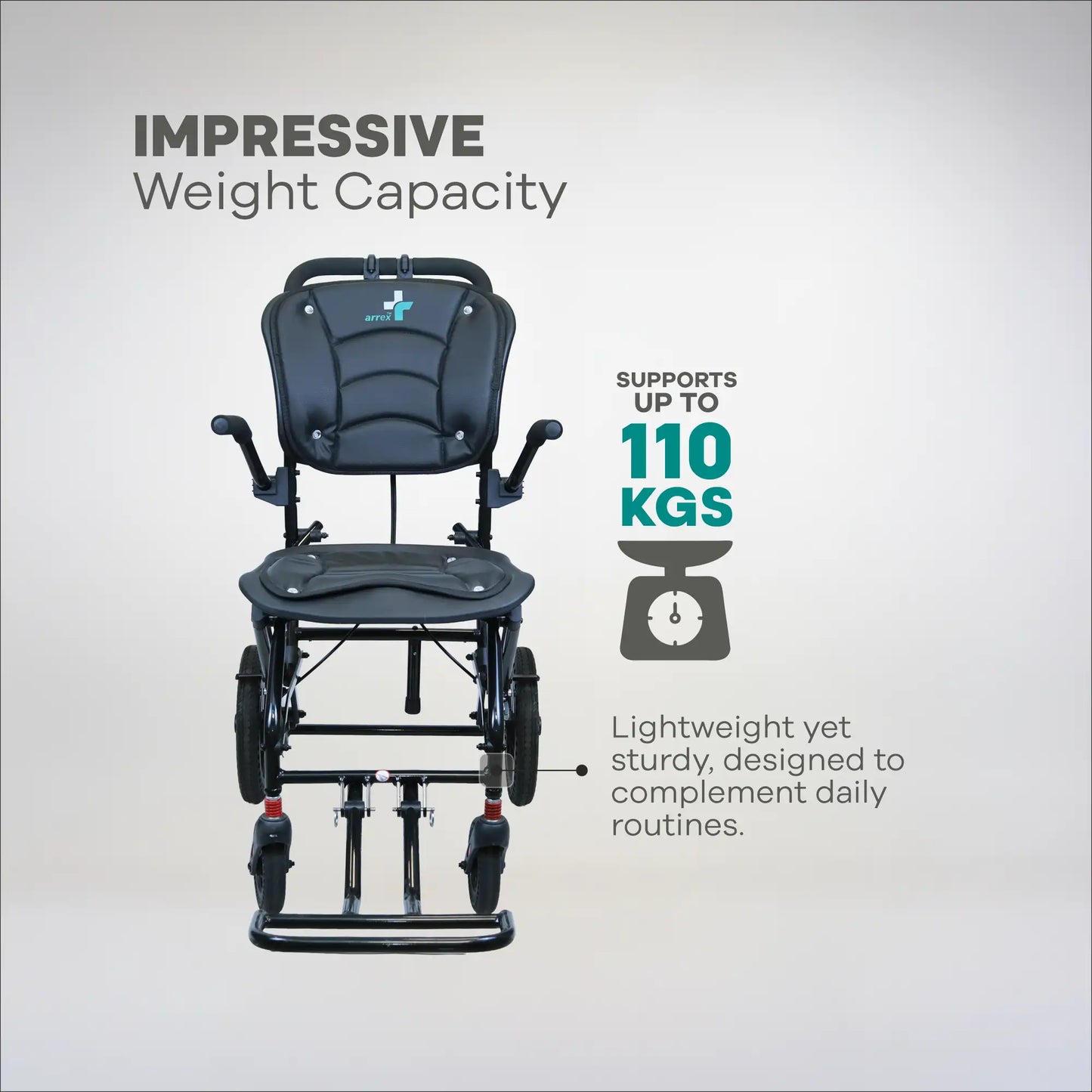 Wheelchair with text highlighting impressive weight capacity on a light gray background