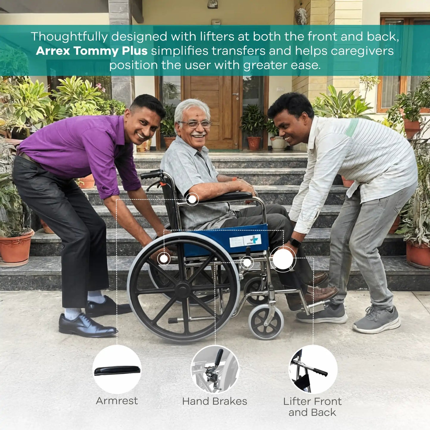 Basic Steel Wheelchair with Mag Wheels & Attendant Brake Arrex Tommy Plus