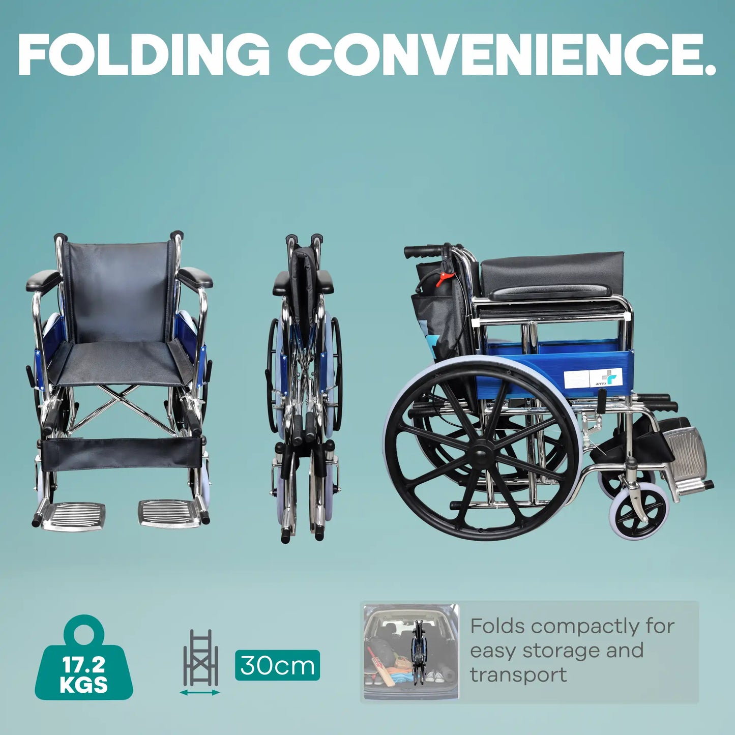 Basic Steel Wheelchair with Mag Wheels & Attendant Brake Arrex Tommy Plus