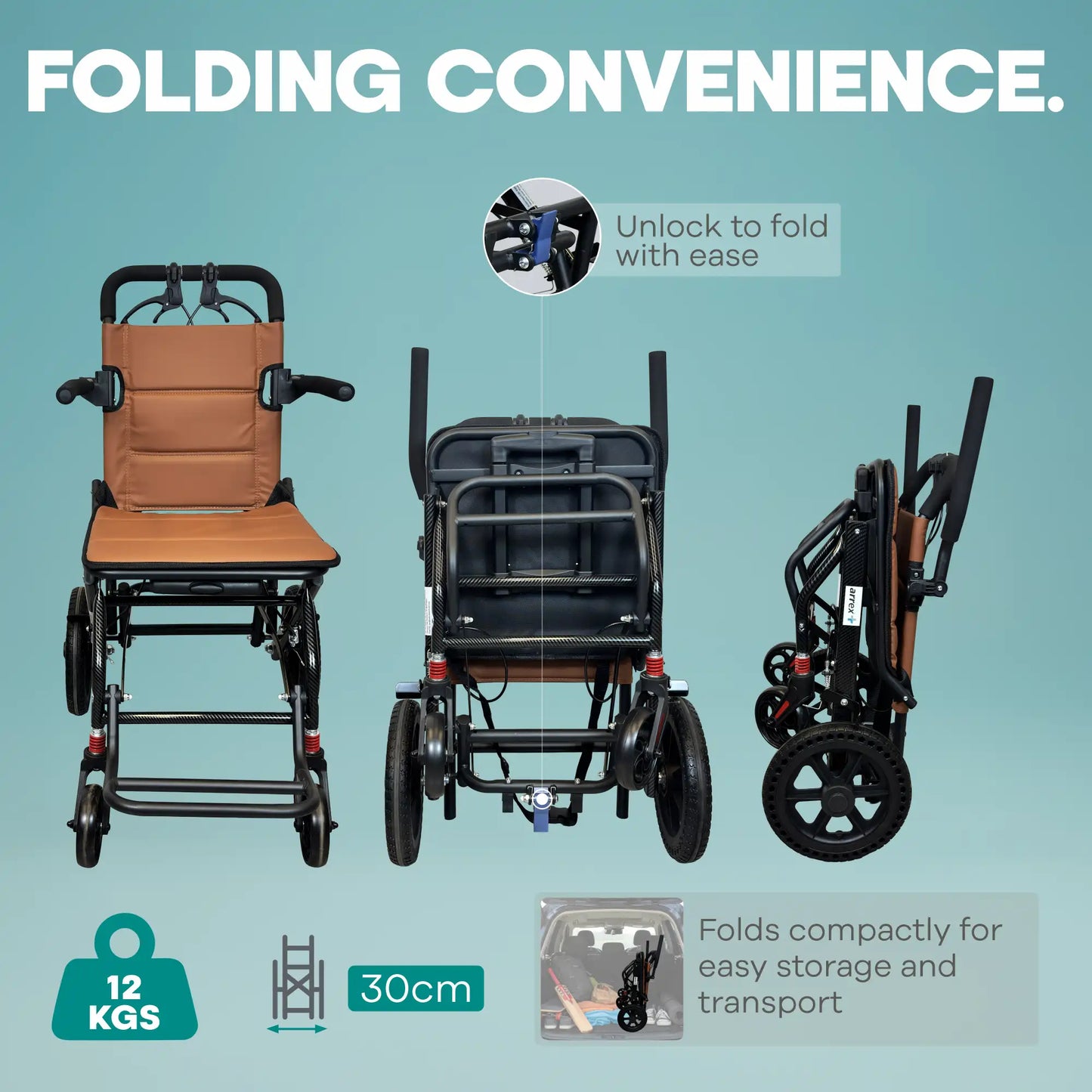 Arrex Toru Lightweight Foldable Travel Wheelchair with Brakes