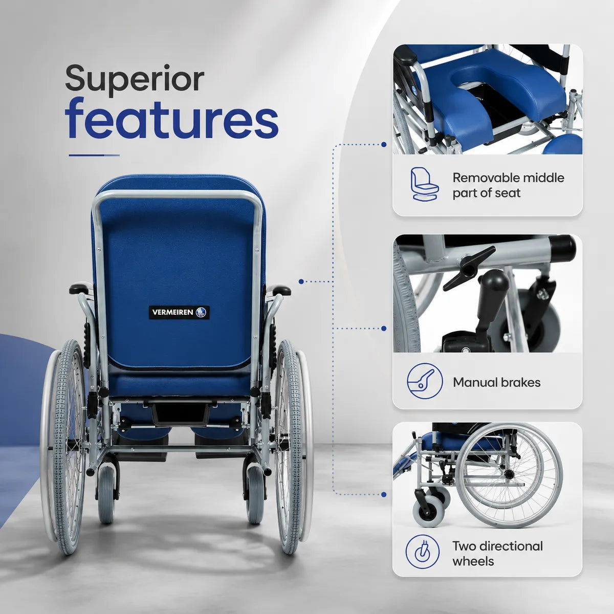 VERMEIREN 9300 Reclining Commode Wheelchair for Elderly & Patients